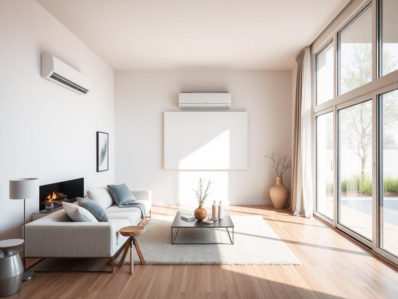 Climatisation réversible installée dans un salon lumineux